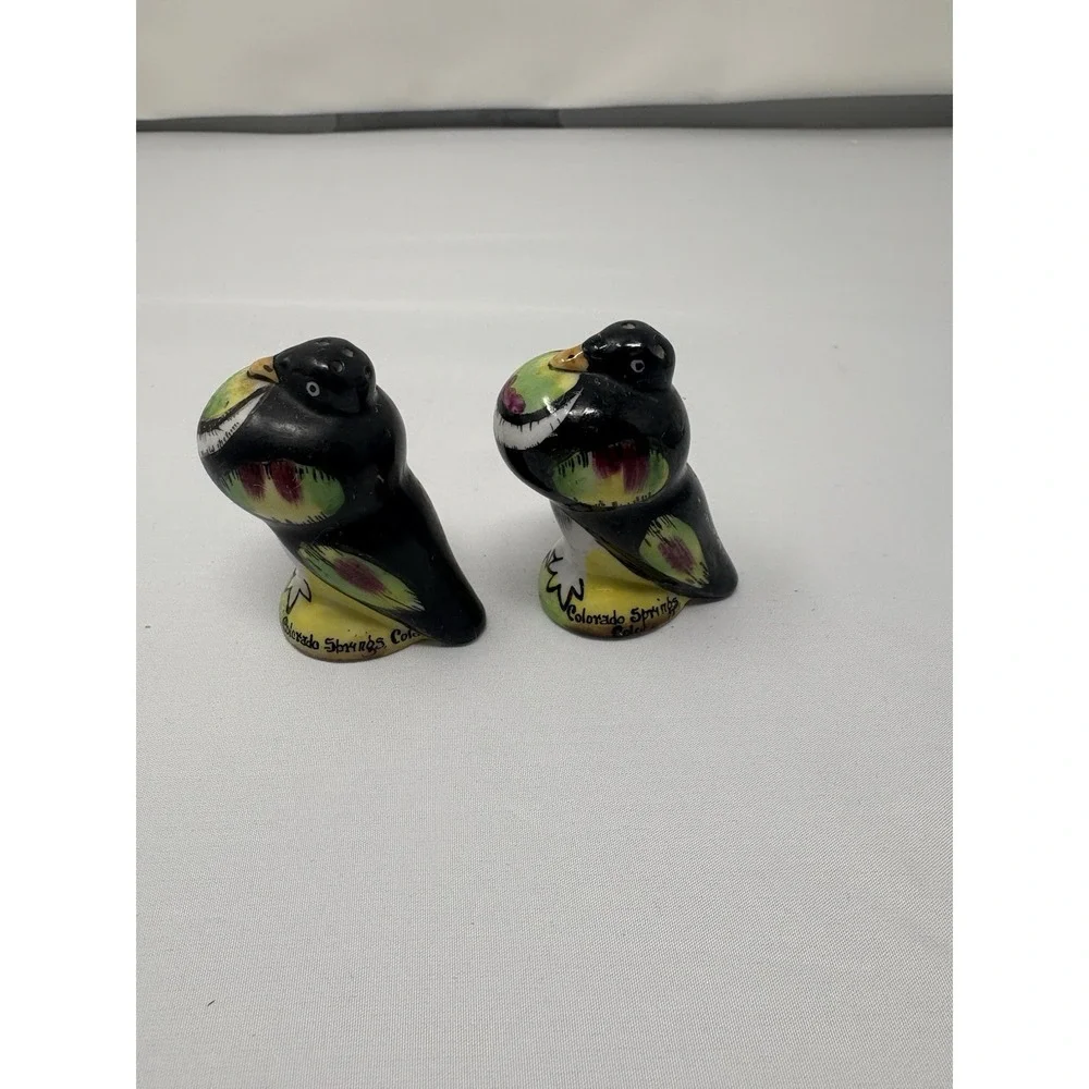 Hand Painted Puffy Bird Salt Pepper Shakers Purple Yellow Green 2 1/4 Japan Colo